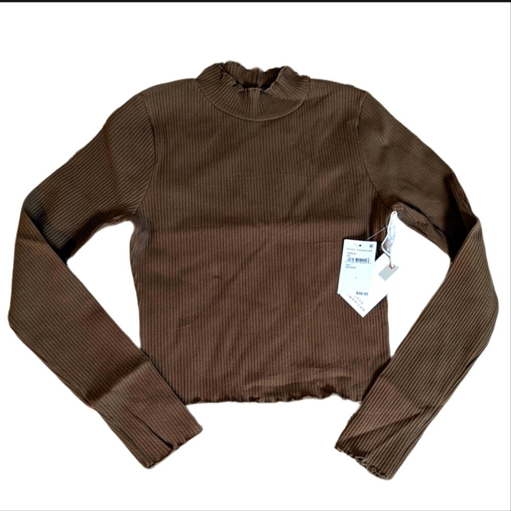 Good American Mock Neck Cropped Ribbed Lettuce Hem Long Sleeve Crop Top NWT